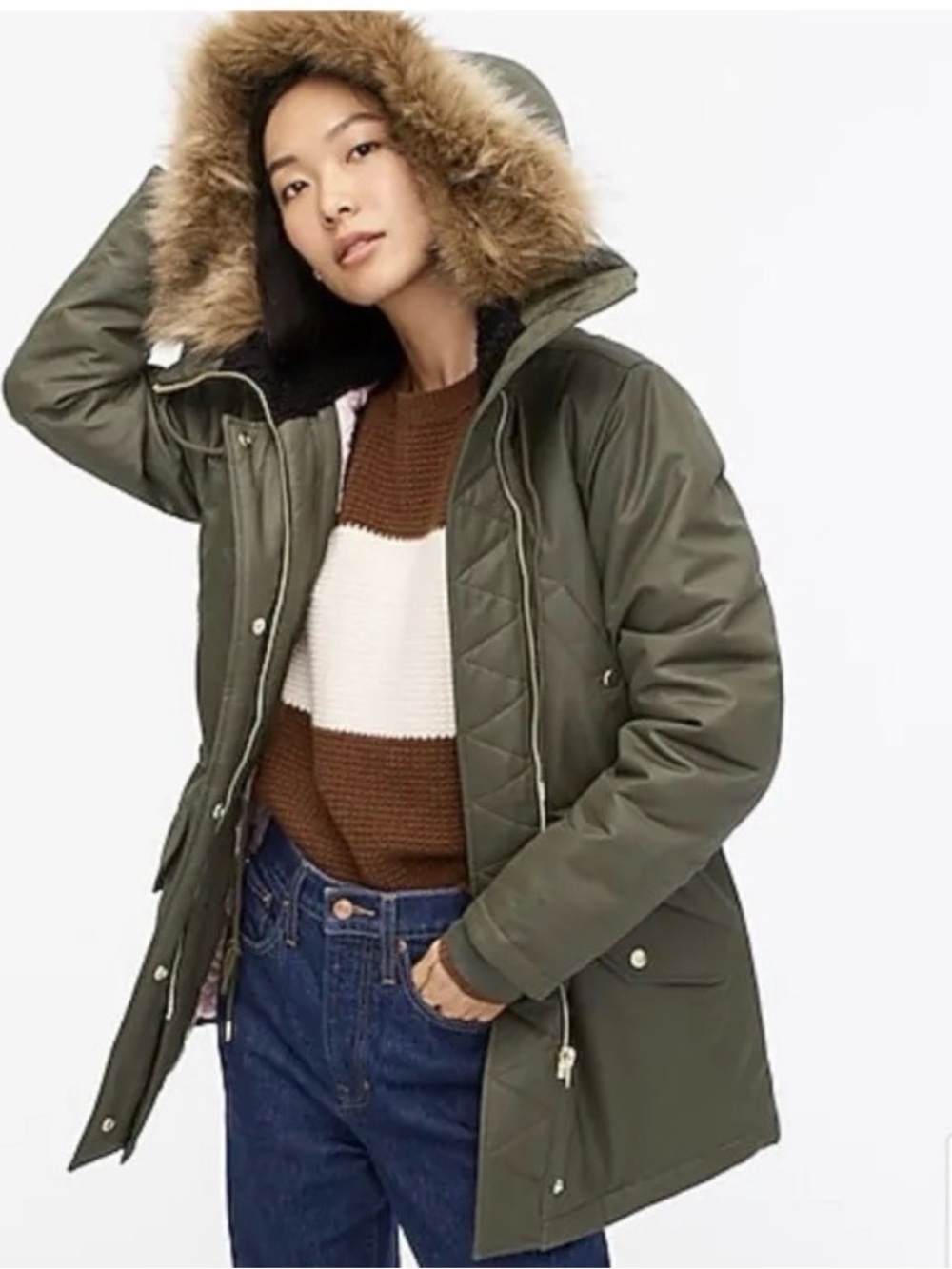J. Crew Perfect Winter Parka with Primaloft Faux Fur Trim Olive Green XS Petite
